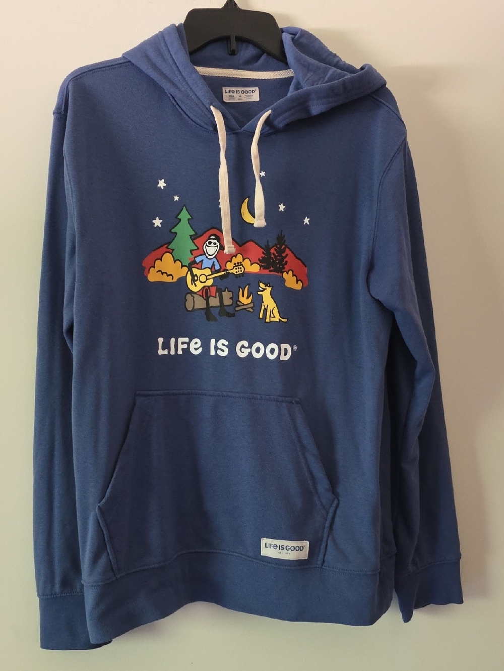 Life Is Good Blue Graphic Hoodie with Campfire Guitar Scene